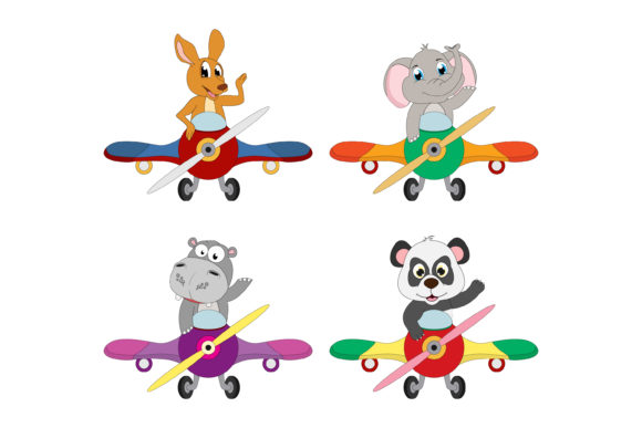 Cute Animal Cartoon with Airplane Graphics & Illustrations