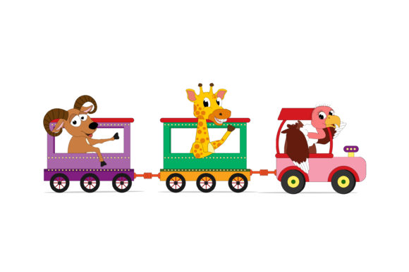 Cute Animal Cartoon with Train Graphics & Illustrations