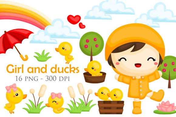 Girls and Duck Animal Yellow Theme Art: Graphics & Illustrations