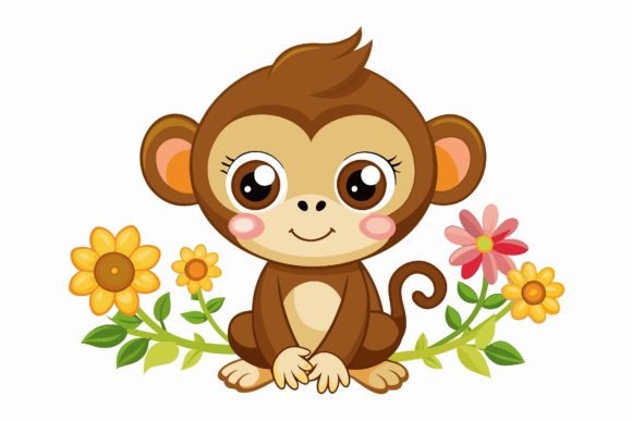 Monkey Animal Cartoon with Flowers Graphics & Illustrations