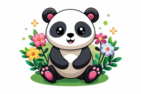 Pandas Animal Cartoon with Flowers – Graphics & Illustrations