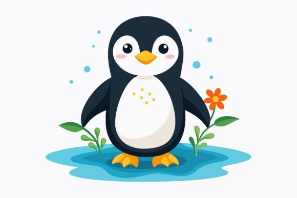 Penguin Animal with Flowers: Graphics & Illustrations