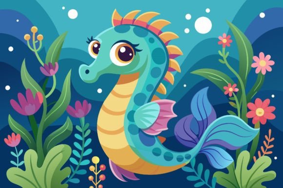 Seahorse Cartoon Graphics with Floral Illustrations