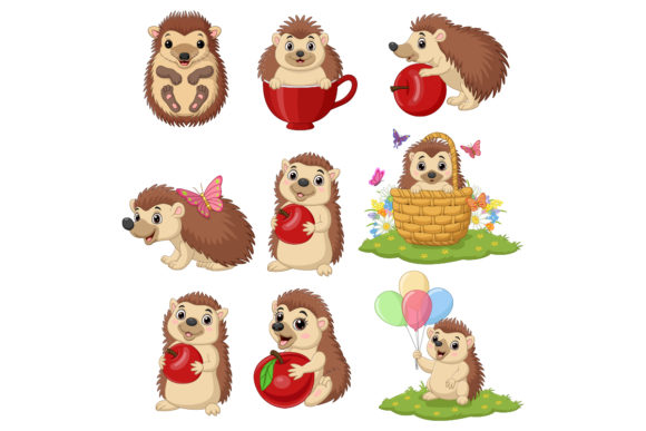 Set of Nine Cute Cartoon Hedgehog Graphics & Illustrations