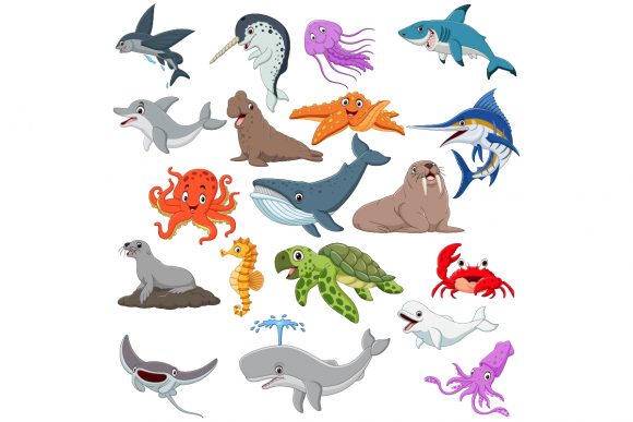 Set of Nineteen Cartoon Ocean Animal Graphics & Illustrations