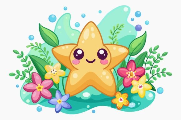 Star Fish Cartoon with Flowers on: Graphics & Illustrations