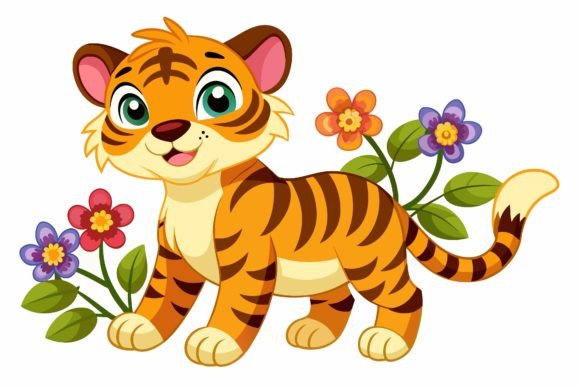 Tigers Animal Cartoon with Flowers Graphics & Illustrations