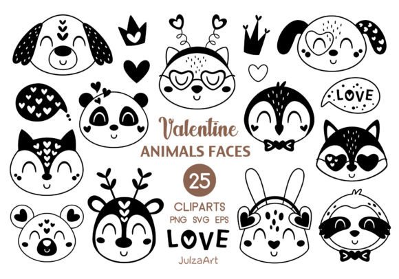 Valentines Day Animal Faces Clipart: Graphics & Illustrations