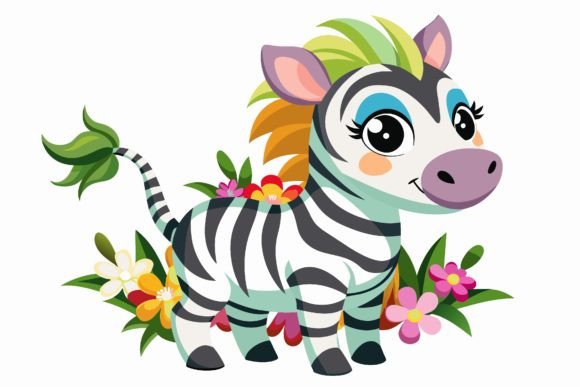 Zebra Cartoon with Flowers Graphics & Illustrations